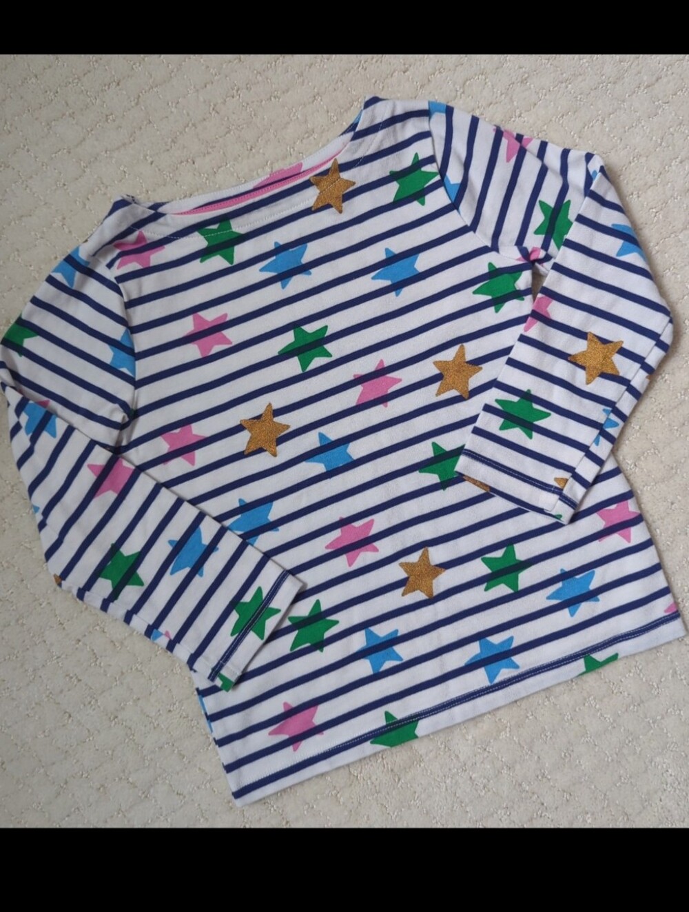 NWOT Mini Boden White Navy Striped & Multicolored Stars Long Sleeve Top Size 4/5